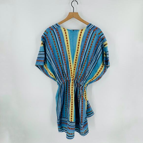 Pearl & Caviar Boho Cotton Striped Cinched Waist Dress Coverup Blue Size M/L - Picture 2 of 6